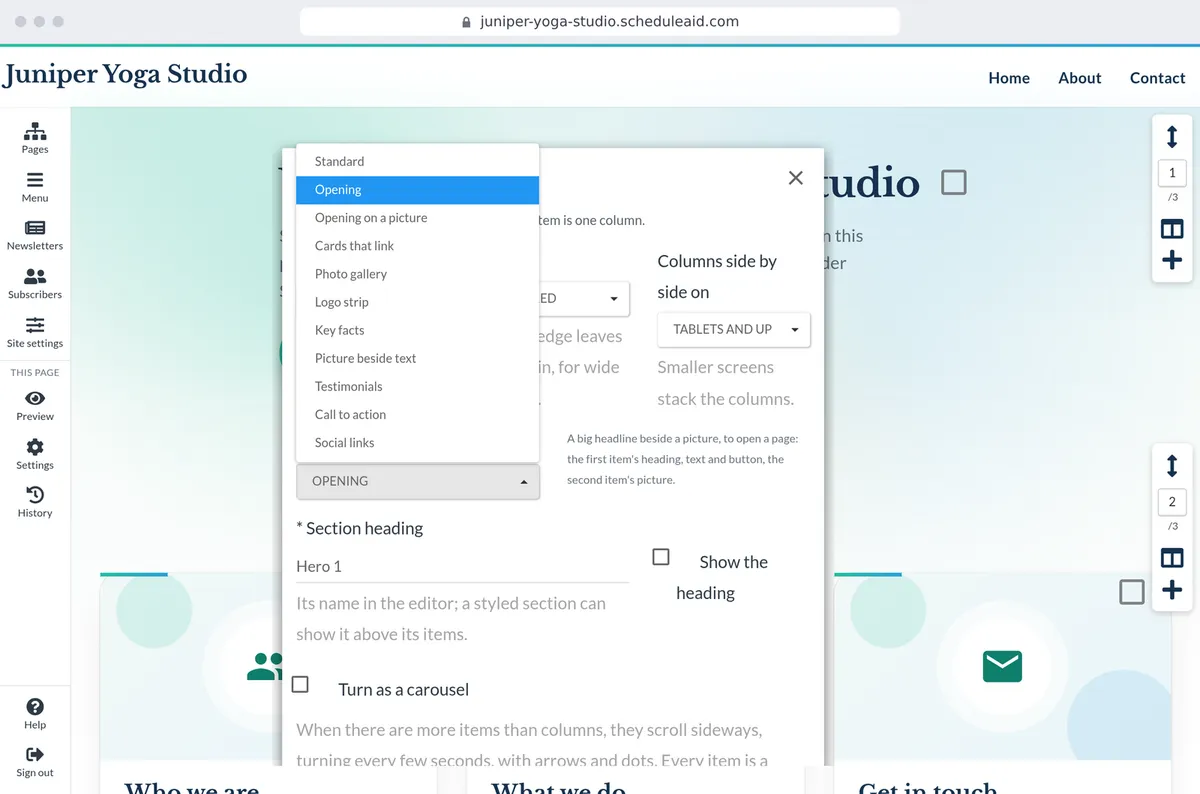 A section's layout and style, chosen in the editor